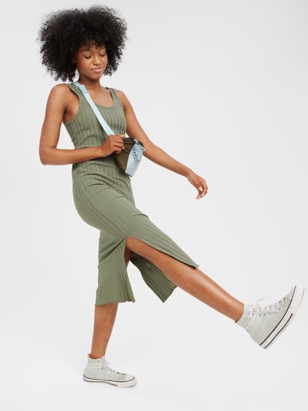 OFFLINE By Aerie Olive Green OG Groove Ribbed Midi Dress